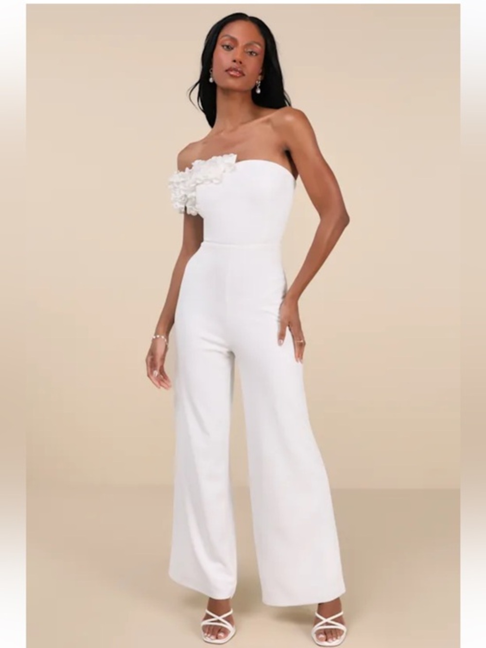 NWT Lulus Damara White Floral Applique One-Shoulder Jumpsuit